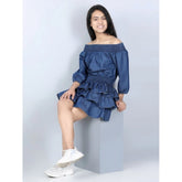 Blue denim solid off-shoulder dress, knee-length style for girls with no closure