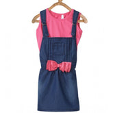 Pink denim & cotton bow sleeveless dungaree for girls, casual playwear with no closure, knee length