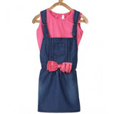 Pink denim & cotton bow sleeveless dungaree for girls, casual playwear with no closure, knee length