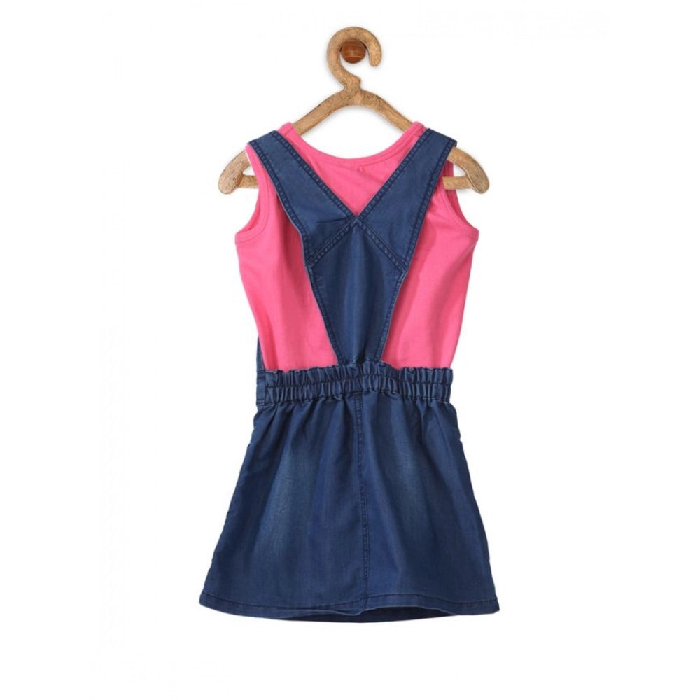 Pink denim & cotton bow sleeveless dungaree for girls, casual outdoor playwear on grassy field