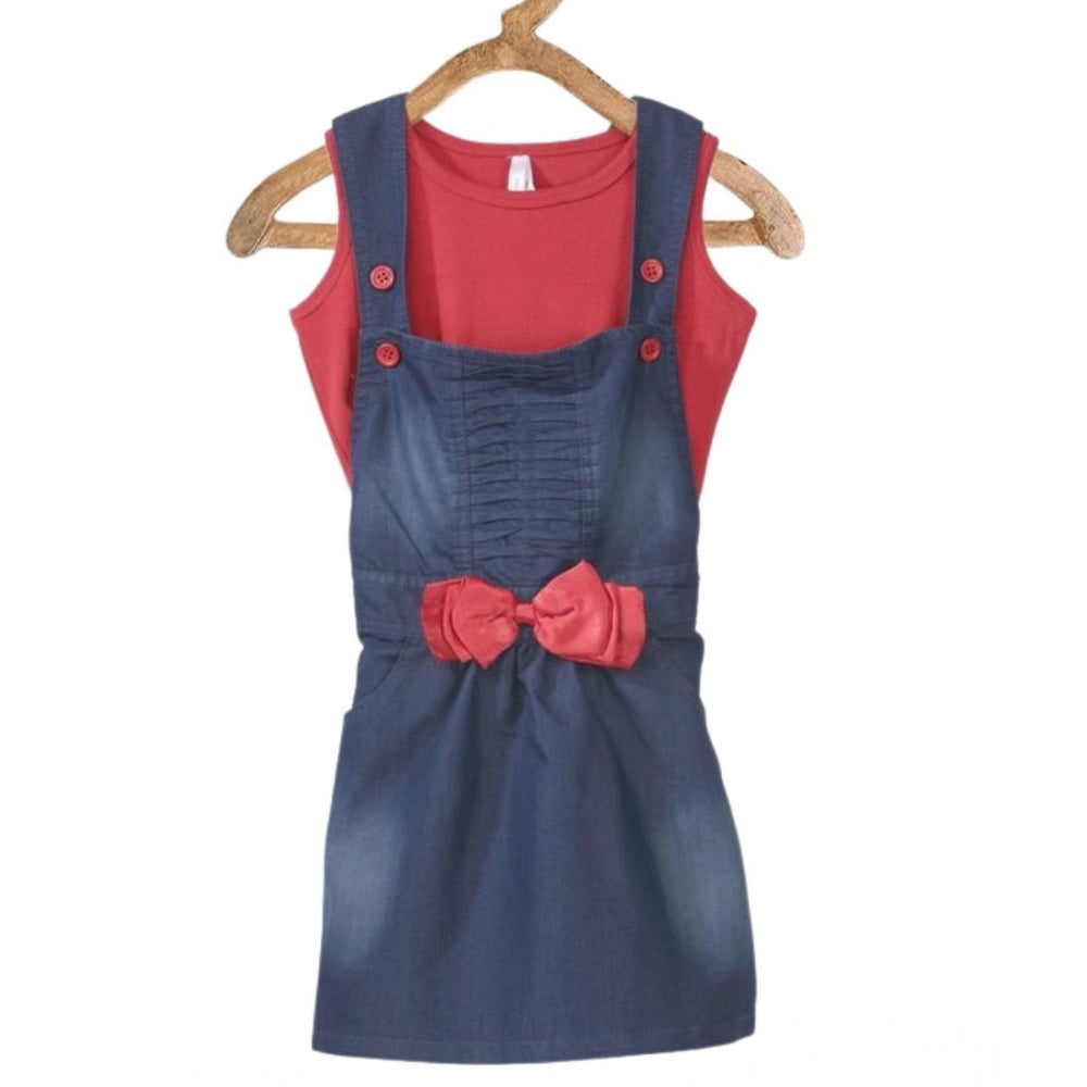 Red denim & cotton sleeveless dungaree for girls, bow detail on a knee-length piece with round neck