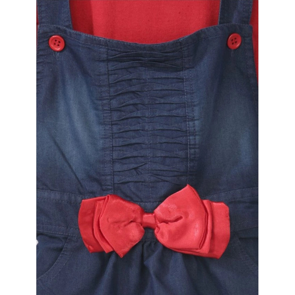 Red denim & cotton bow sleeveless dungaree for girls, casual playwear without closure