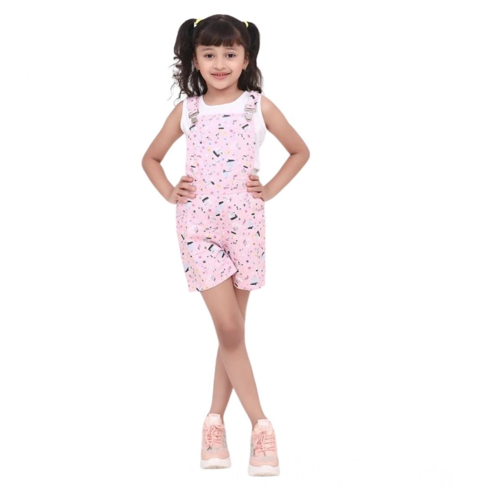 Light pink cotton printed sleeveless dungaree for girls - casual wear on mannequin