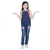 Blue denim patchwork dungaree for girls, buttoned waist with round neck and pull-on closure