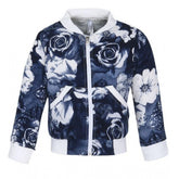 White-Blue polyester printed long sleeves bomber jacket for girls, featuring a mandarin collar and zip closure on display
