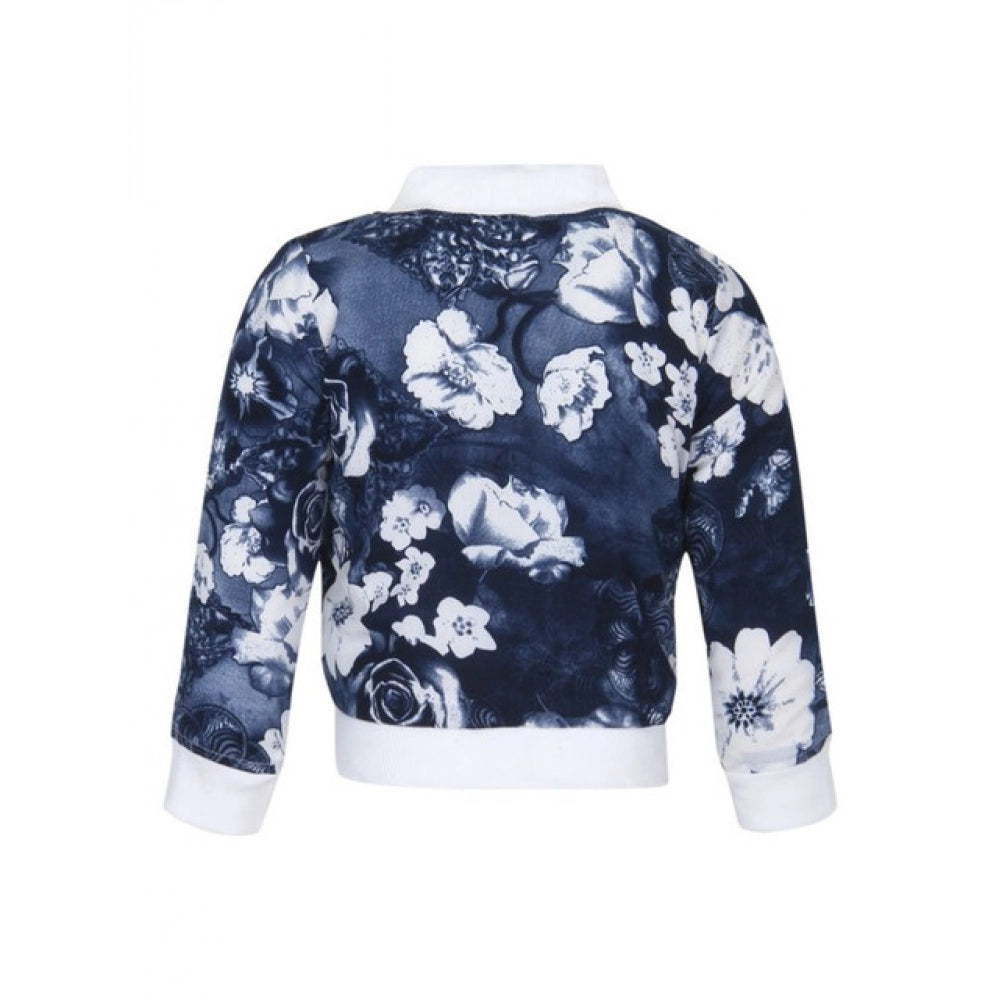 White-Blue polyester printed long sleeves bomber jacket for girls with mandarin collar and zip closure, featuring a bold pattern design