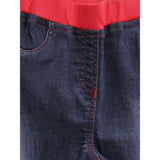Red-Blue ribbed denim elasticated jeans for girls, casual wear on model