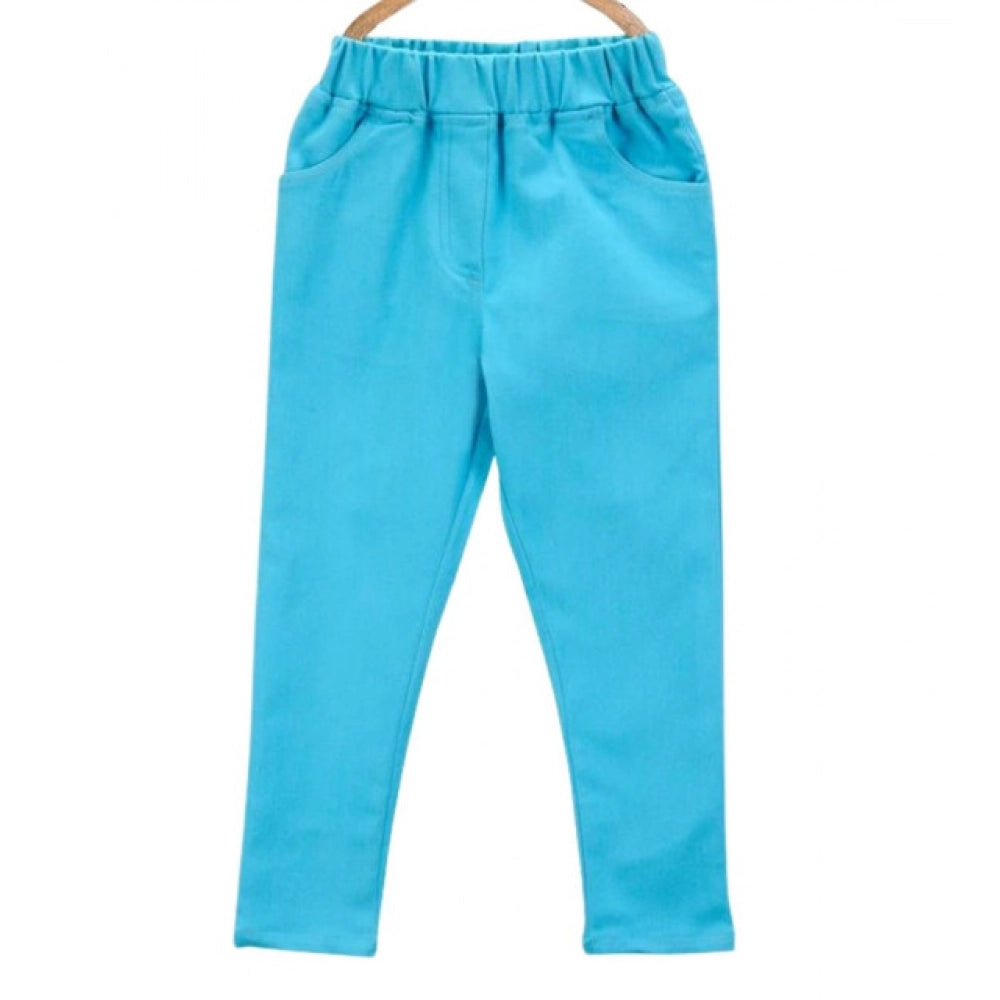 Blue denim girls' elastic jeggings, solid pattern for casual wear