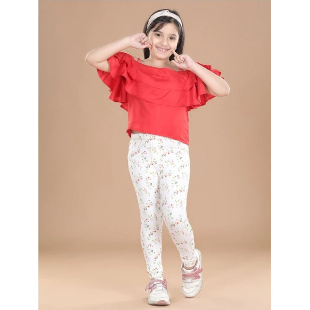 White-Green floral elasticated cotton lycra jeggings for girls, ideal for casual wear