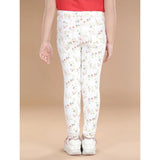 White-green floral cotton lycra jeggings for girls - elastic waist, casual wear