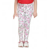 White-pink floral elasticated cotton lycra jeggings for girls, ideal for casual wear