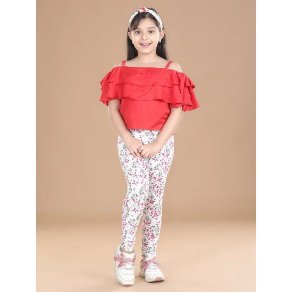 White-Pink cotton lycra floral elasticated jeggings for girls, casual wear with floral pattern