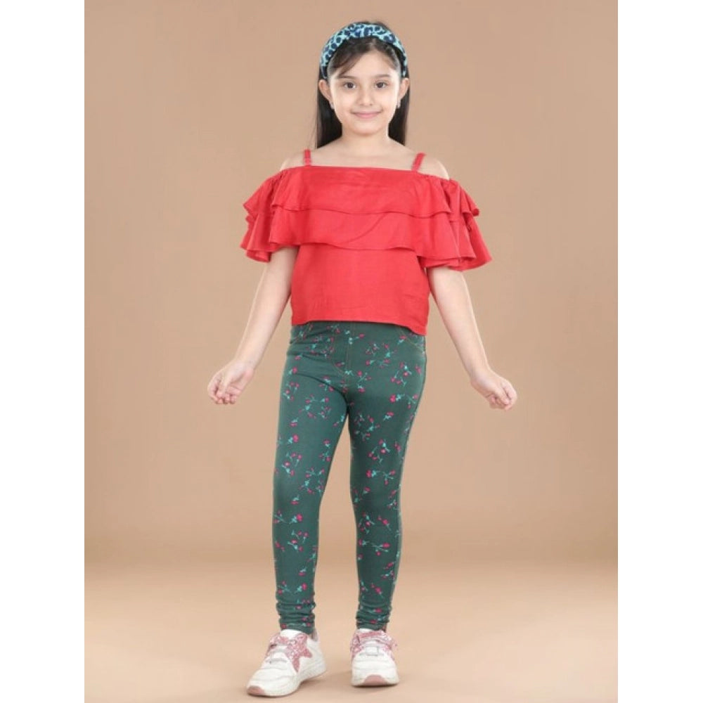Bottle green cotton lycra floral elasticated jeggings for girls, perfect for casual wear