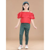 Bottle green cotton lycra floral elasticated jeggings for girls, perfect for casual wear