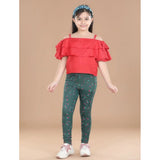 Bottle green cotton lycra floral elasticated jeggings for girls, perfect for casual wear