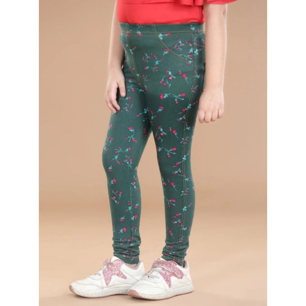 Bottle green floral cotton lycra elasticated jeggings for girls, comfortable casual wear