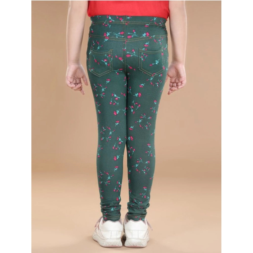 Bottle green floral cotton lycra jeggings for girls, elastic waist