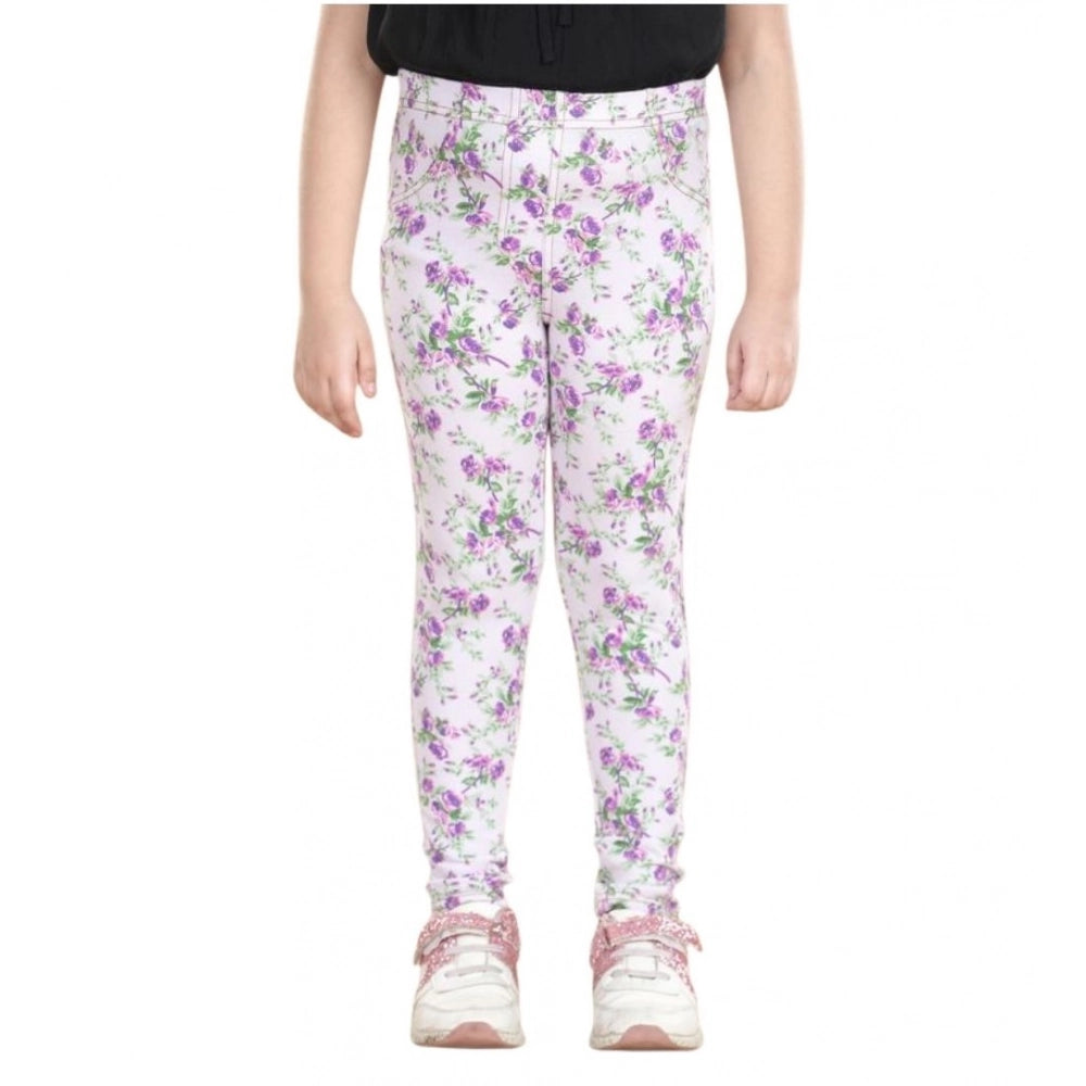 Lavender cotton lycra floral elasticated jeggings for girls, featuring a vibrant floral pattern