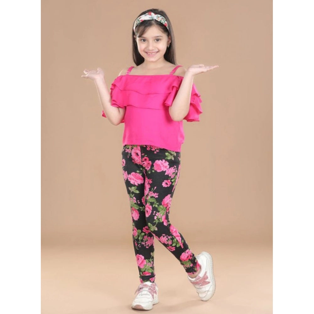 Black-Pink cotton lycra girl's floral elasticated jeggings, fashionable activewear for young girls with floral pattern