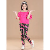 Black-Pink cotton lycra girl's floral elasticated jeggings, fashionable activewear for young girls with floral pattern