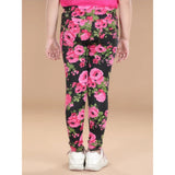 Black-Pink cotton lycra girls' floral elasticated jeggings, patterned with vibrant flowers on waistband