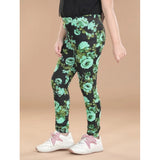 Black-Green floral elasticated jeggings for girls, made from cotton lycra with a floral pattern on waist