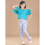 White-Turquoise Blue cotton lycra girl's floral elasticated jeggings, close-up view with floral pattern detail