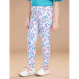 White-Turquoise Blue floral cotton lycra elasticated jeggings for girls, perfect for casual wear