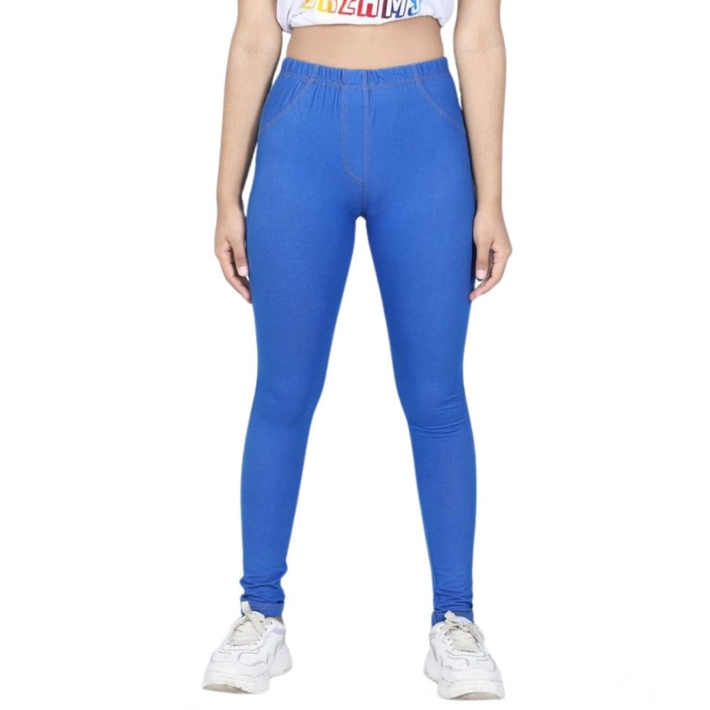 Blue cotton lycra elasticated jeggings for girls - solid pattern, comfortable fit