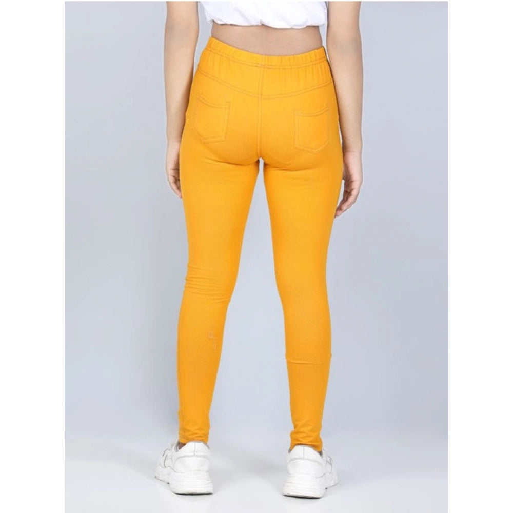Mustard cotton lycra elasticated jeggings for girls, comfortable fit and solid design