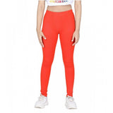 Orange cotton-lycra elasticated jeggings for girls, solid pattern