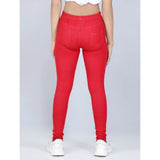 Red cotton lycra girl's elastic jeggings, solid pattern for activewear