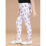 White-Lavender cotton lycra floral elasticated jeggings for girls, ideal for casual wear with a blooming pattern