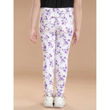 White-Lavender cotton lycra floral elasticated jeggings for girls, perfect for casual wear