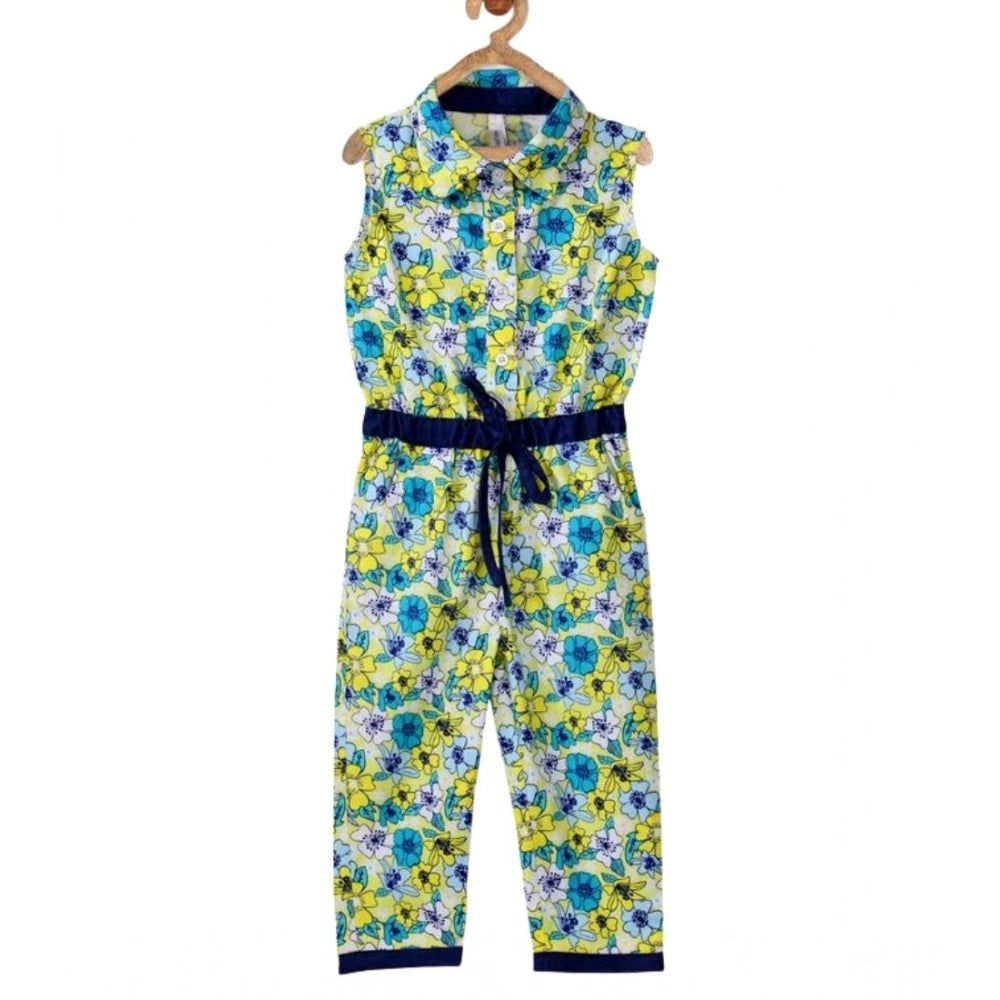 Yellow cotton floral sleeveless jumpsuit for girls, shirt collar style with floral pattern detail