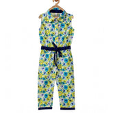 Yellow cotton floral sleeveless jumpsuit for girls, shirt collar style with floral pattern detail