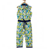 Yellow cotton floral sleeveless jumpsuit for girls, shirt collar style with floral pattern detail