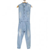 Blue denim embellished sleeveless jumpsuit for girls, intricate details on shirt collar