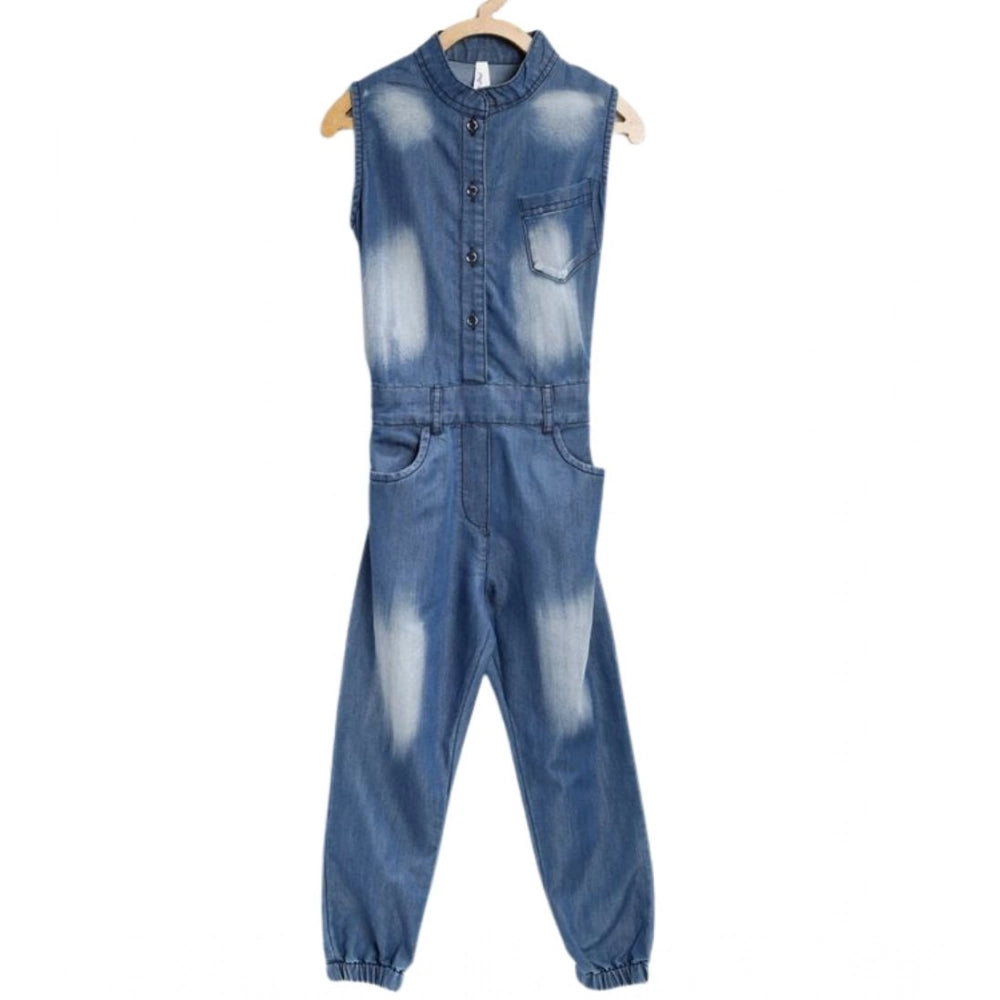 Blue denim embellished sleeveless jumpsuit for girls, detailed pattern on shirt collar