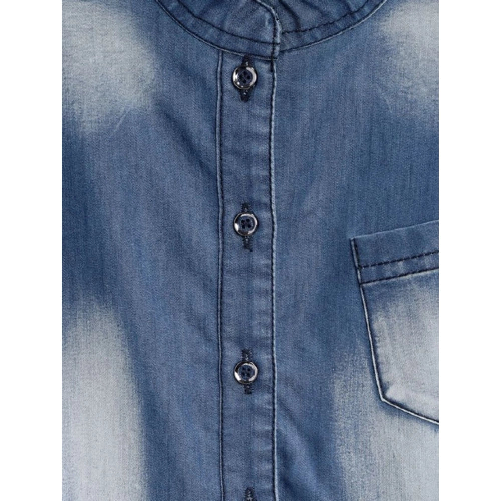 Blue denim embellished sleeveless jumpsuit for girls, embellished pattern on shirt collar