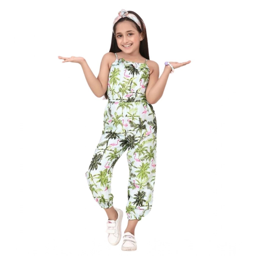 White-green embroidered denim sleeveless jumpsuit for girls, detailed embroidery on front and back