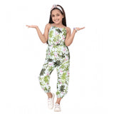 White-green embroidered denim sleeveless jumpsuit for girls, detailed embroidery on front and back