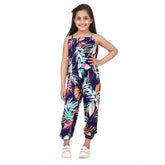 Blue-multicolor rayon printed sleeveless jumpsuit for girls, vibrant pattern on display