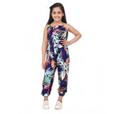 Blue-multicolor rayon printed sleeveless jumpsuit for girls, vibrant pattern on display