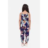 Blue-multicolor rayon printed sleeveless jumpsuit for girls, vibrant pattern on display