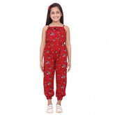Red rayon floral sleeveless jumpsuit for girls, vibrant floral pattern on display