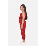 Red rayon floral sleeveless jumpsuit for girls, vibrant floral pattern on display