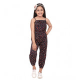 Black-Red rayon floral sleeveless jumpsuit for girls, vibrant floral pattern on a square neckline