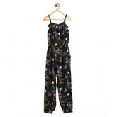Black-pink rayon floral sleeveless jumpsuit for girls, square neck design on model