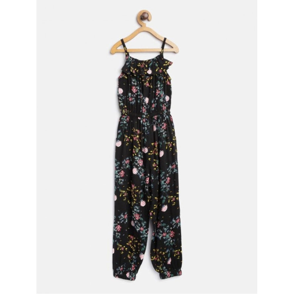 Black-pink rayon floral sleeveless jumpsuit for girls, featuring a square neckline and floral pattern on display